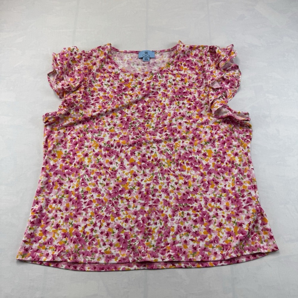 CeCe Womens XL Pink Floral Print Top Ruffle Sleeve Casual Blouse